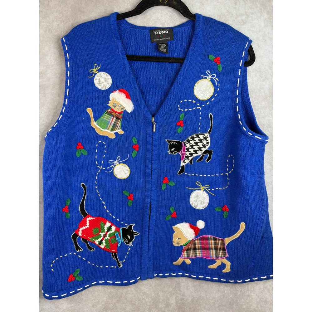 VTG NWOT Designers Originals Studio Joy Sweater Vest XL Blue Christmas Cat Zip